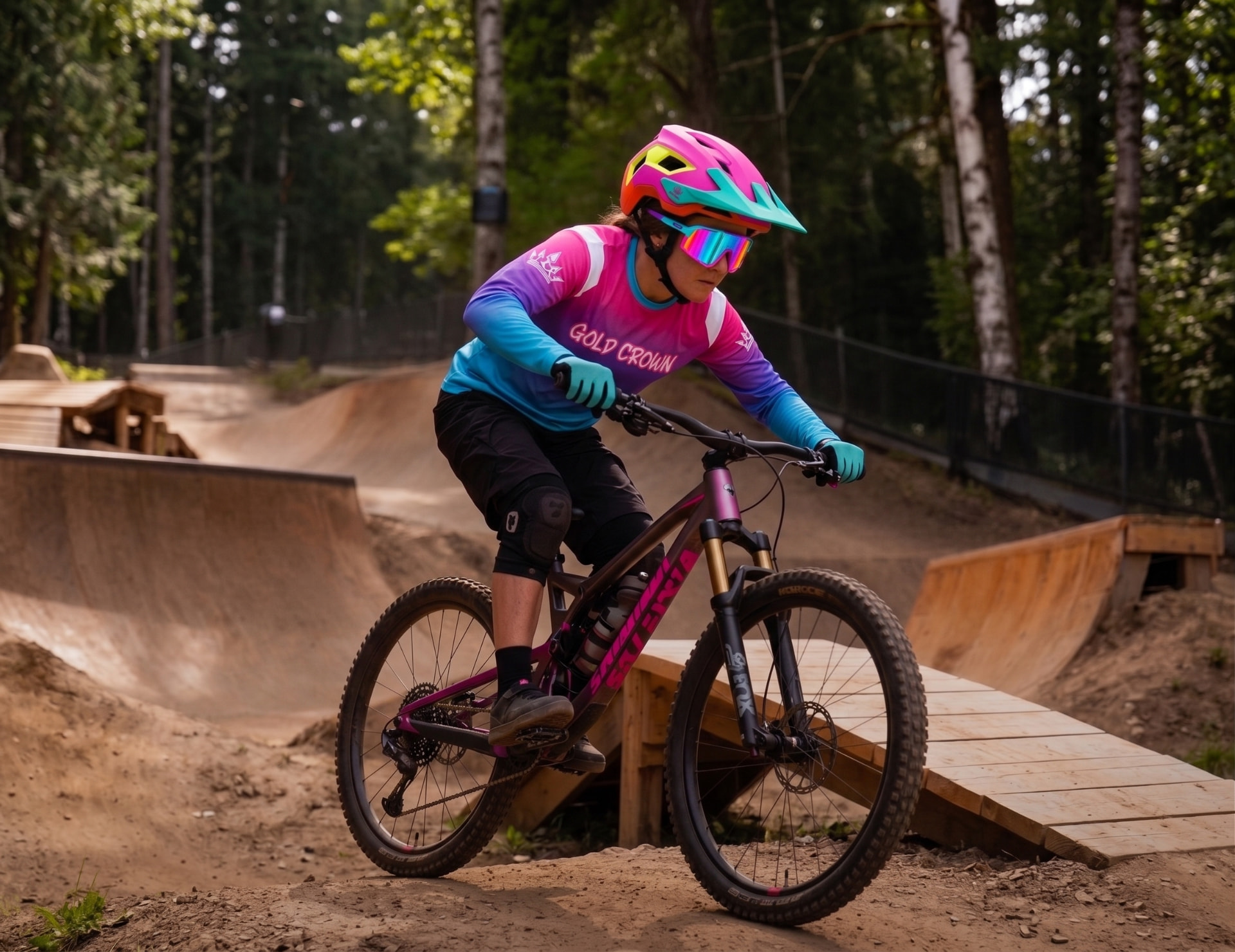 Mountain biker riding a gnarly bike park trail with jumps and wood features