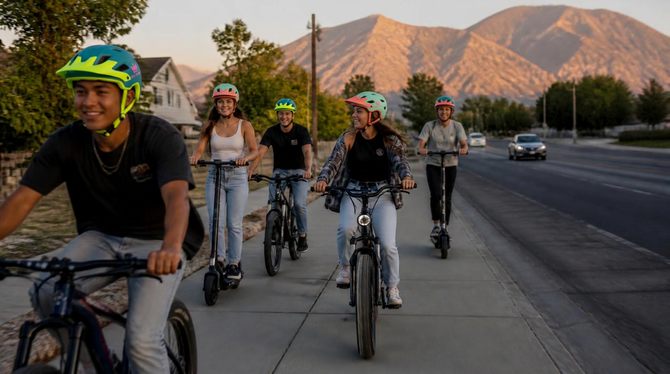 Young riders in bright helmets riding e-bikes and scooters along a Utah street
