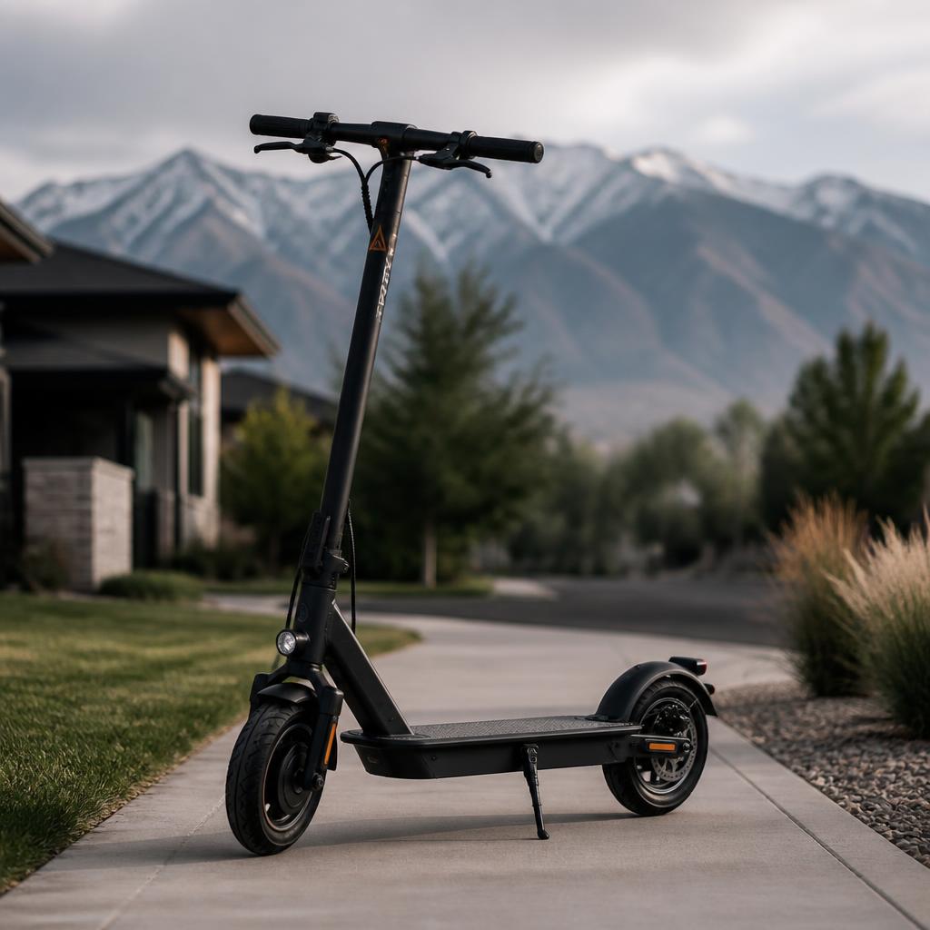 Electric scooter parked on a suburban sidewalk